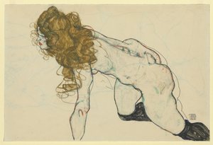 Nudo femminile accovacciato con capelli biondi e braccio sinistro a riposo (recto) da Egon Schiele