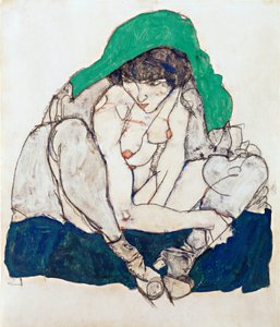 Donna accovacciata con fazzoletto verde da Egon Schiele