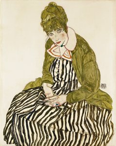 Edith Schiele in abito a righe, seduta