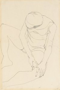 Nudo femminile piegato in avanti, entrambe le mani sulla coscia sinistra, 1913 da Egon Schiele