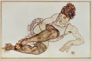 Donna con calze marroni - Donna ... (gouache e pastello nero) da Egon Schiele