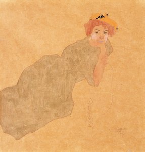 Ragazza in abito color oliva con braccio appoggiato, 1908 da Egon Schiele