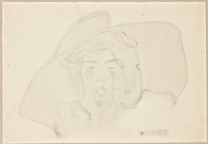 Testa di una giovane donna che urla con un grande cappello, mento sostenuto dalle mani da Egon Schiele