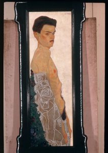 Autoritratto nudo con drappeggio ornamentale ... (olio e vernice metallizzata) da Egon Schiele