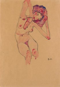 Nudo femminile seduto con testa china e braccia alzate