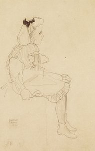 Ragazza seduta con un fiocco nei capelli, 1909 da Egon Schiele