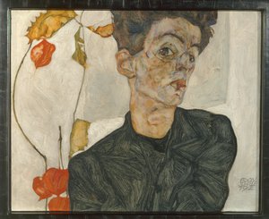 Autoritratto con frutti di lanterna ... (olio e acquerello su tela) da Egon Schiele