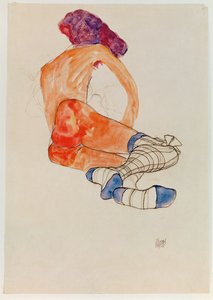 Nudo femminile seduto con giarrettiera blu, da ... (guazzo, acquerello e carboncino) da Egon Schiele