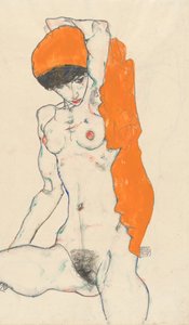 Nudo in piedi con drappo arancione recto: Studio di nudo con braccia alzate verso, 1914
