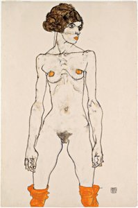 Giovane donna nuda in piedi con calze arancioni