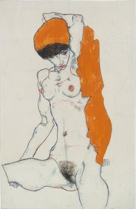 Nudo in piedi con drappo arancione