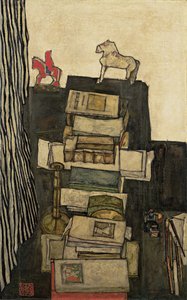 Natura morta con libri, scrivania di Schiele