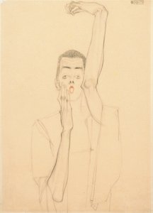 Giovane uomo con braccio alzato e bocca rossa; Selbstbildnis mit erhobenem linken Arm und rotem Mund, 1909 da Egon Schiele