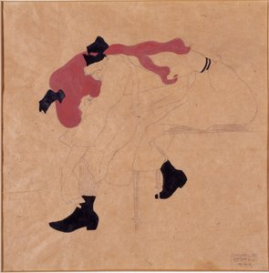 Giovane ragazza con nastro nero nei capelli rossi, che si mette le scarpe, 1909 da Egon Schiele