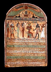 Antichità egiziane: stele funeraria di un sommo sacerdote: Osiride accoglie il defunto presente in Anubi, dietro di lui le divinità Iside, Nefti, Horus, Hathor. III-II secolo a.C. Torino, Museo Egizio da Egyptian