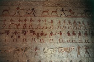 Necropoli di Beni-Hasan. Tomba di Amenemhat, dettaglio: pitture murali che raffigurano scene di caccia e vita di campagna da Egyptian 12th Dynasty