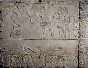 Disposizione del cibo nei magazzini, rilievo murale in calcare, dalla tomba memfita di Horemheb a Saqqara, Civiltà Egizia, Nuovo Regno, Dinastia XVIII da Egyptian 18th Dynasty