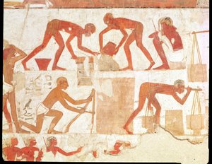 Costruzione di un muro, dalla tomba di Rekhmire, visir di Tuthmosis III e Amenhotep II, Nuovo Regno da Egyptian 18th Dynasty