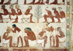 Taglio dei capelli dei soldati, affresco, parete sud, camera trasversale ovest, Tomba di Userhat, tutore e scriba durante il regno di Amenhotep II, conosciuta anche come tomba TT56, Sheikh Abd el-Qurna, Tebe. Civiltà egizia, Nuovo Regno, XVIII dinastia