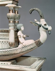 (dettaglio) della prua di una barca con la testa di uno stambecco siriano e una figura ritenuta essere la Principessa Mutnedjmet, dalla tomba di Tutankhamon (c.1370-52 a.C.) Nuovo Regno (alabastro)