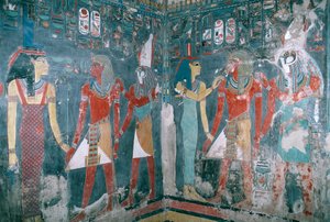Egitto, Tebe, Luxor, Valle dei Re, Tomba di Horemheb, Dipinto murale che raffigura Horemheb tra la dea Iside e il dio Horus, Nuovo Regno, Dinastia XVIII da Egyptian 18th Dynasty