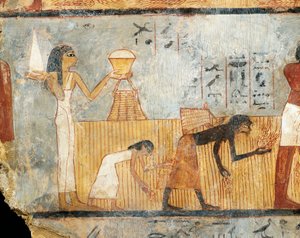 Egitto, Tebe, Tomba di Unsu, Donna che porta cibo ai lavoratori nei campi, pittura murale da Egyptian 18th Dynasty