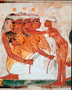 Arte egizia: tomba di Nakht. Toilette: ancella che aiuta tre donne con fiori di loto a indossare gioielli prima del banchetto funebre. Affresco di Luxor da Egyptian 18th Dynasty