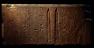Antichità egizia: dettaglio di un affresco inciso raffigurante la regina Hatshepsut (a sinistra) e due obelischi al tempio di Amon - Anno 15 del suo regno (1475-1468 a.C.) XVIII dinastia - Luxor, Museo d