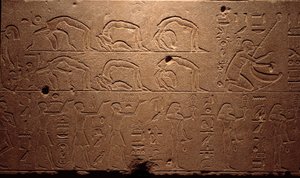 Antichità egizia: dettaglio di un affresco inciso raffigurante danzatori, contorsionisti e musicisti. Periodo della regina Hatshepsut XVIII dinastia. Luxor, Museo d