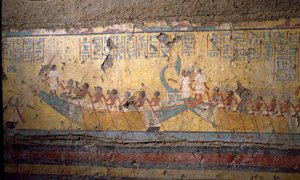 Antichità egiziana: affresco della tomba del pittore Maia, pellegrinaggio in barca ad Abido, citazione di Osiride. XVIII dinastia. Dalla Cappella di Maia, Deir el-Medineh, Nuovo Impero da Egyptian 18th Dynasty