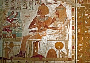 Dipinto decorativo della tomba di Userhat (Ursehat) con sua moglie Mutneferet (Moutneferet) che ricevono offerte da Egyptian 18th Dynasty