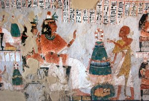 Antichità egizia: rappresentazione di Roy e sua moglie Nebtawy di fronte a un sommo sacerdote. Dipinto della Tomba di Roy (TT255). XVIII dinastia. Dalla riva occidentale di Luxor, Egitto