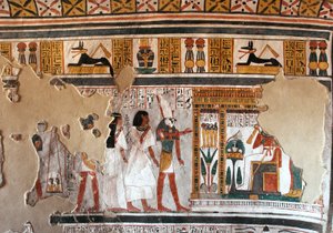 Antichità egizia: Horus guida Roy e sua moglie da Osiride. Frammenti di affresco dalla tomba di Roy (TT255). XVIII dinastia. Dalla Riva Ovest di Luxor, Egitto da Egyptian 18th Dynasty