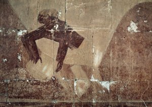 Scambio di cibo, dettaglio della scena che raffigura la spedizione nella Terra di Punt, rilievo dipinto, Colonnato di Punt, Tempio Funerario di Hatshepsut, Deir el-Bahari, Necropoli Tebana, Civiltà Egizia, Nuovo Regno, XVIII Dinastia