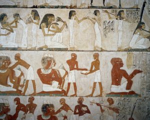 Banchetto funebre con musiciste femminili, donne che si adornano con gioielli, uomini e musicisti, Tomba di Rekhmire, Necropoli di Sheikh Abd el Qurnah, Luxor, Tebe (Lista del Patrimonio Mondiale Unesco) da Egyptian 18th Dynasty