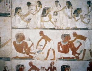 Banchetto funebre con musiciste, donne che indossano gioielli, uomini e musicisti, affreschi nella Tomba di Rekhmire, Necropoli di Sheikh Abd el Qurnah, Luxor, Tebe (Patrimonio Mondiale dell