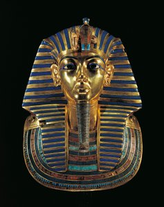 Maschera funeraria dorata di Tutankhamon, intarsiata con lapislazzuli, ossidiana e turchese