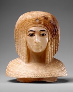 Coperchio a forma di testa di donna reale, c.1349-1336 a.C. (travertino, vetro blu, ossidiana) da Egyptian 18th Dynasty