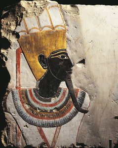 Blocchi di calcare dipinti con rilievi raffiguranti il dio Amun-Min, dal Tempio di Tuthmosis III a Deir el-Bahari, Egitto da Egyptian 18th Dynasty