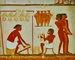 Lavorazione della carne degli uccelli, dettaglio dalla tomba di Nakht, c.1390 a.C. (affresco) da Egyptian 18th Dynasty
