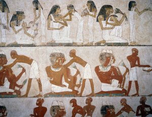Uomini e donne che indossano gioielli (dettaglio), affreschi nella Tomba di Rekhmire, Necropoli di Sheikh Abd el Qurnah, Luxor, Tebe (Lista del Patrimonio Mondiale Unesco) da Egyptian 18th Dynasty