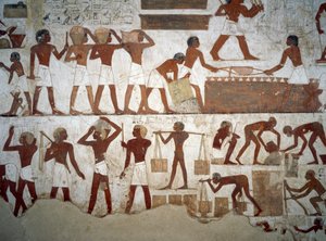 Uomini al lavoro, dettaglio degli affreschi nella Tomba di Rekhmire, Necropoli di Sheikh Abd el Qurnah, Luxor, Tebe (Patrimonio Mondiale dell