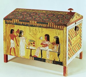 Baule dipinto con una scena di banchetto dalla tomba di Kha (m.c.1390-52 a.C.) trovato a Deir el-Medina, Nuovo Regno