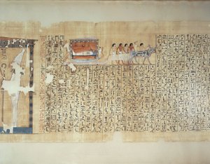 Papiro che raffigura il trasporto del sarcofago su carro trainato da buoi, dal Libro dei Morti di Maiherperi da Egyptian 18th Dynasty