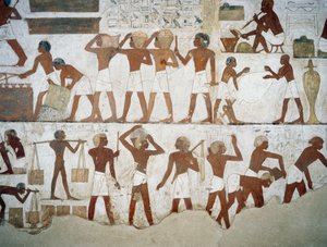 Vasai e lavoratori (dettaglio), affreschi nella Tomba di Rekhmire, Necropoli di Sheikh Abd el Qurnah, Luxor, Tebe (Lista del Patrimonio Mondiale Unesco)