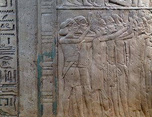 Principi di Nubia, Libia, Siria e Palestina che rendono omaggio al re, bassorilievo in pietra calcarea, dalla Tomba Memphite di Horemheb a Saqqara, Civiltà Egizia, Nuovo Regno, Dinastia XVIII da Egyptian 18th Dynasty