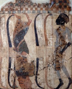 Prigionieri di paesi conquistati, dipinto su materiale dalla Tomba di Tutankhamon, civiltà egizia, Nuovo Regno, XVIII Dinastia, (dettaglio)