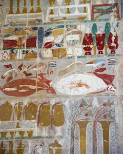 Provviste e ceramiche offerte agli dei dalla regina Hatshepsut, rilievo dipinto, Cappella di Anubi, Tempio funerario della regina Hatshepsut, noto anche come Djeser-Djeseru, Deir el-Bahri, Tebe. Civiltà egizia, Nuovo Regno, XVIII dinastia da Egyptian 18th Dynasty