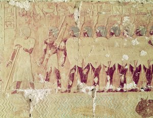 Rilievo raffigurante soldati inviati dalla regina Hatshepsut in una spedizione nella Terra di Punt per riportare ingredienti per il rituale del tempio da Egyptian 18th Dynasty