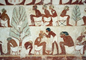 Soldati che si tagliano i capelli, (dettaglio) dagli affreschi nella Tomba di Userhat, Necropoli di Sheikh Abd el Qurnah, Luxor, Tebe (Patrimonio dell